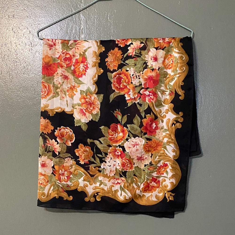 Vintage Black Scarf with Gold Scrolls and Coral Floral Print